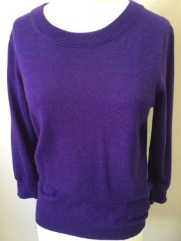 J CREW, Violet Purple, Wool, Solid, 3/4 Sleeves, Round Neck,