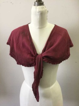 Womens, Shawl 1890s-1910s, Wine Red, Cotton, Solid, Lower Class Fichu. Aged Self Ruffled Trim,