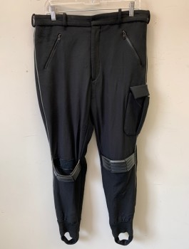 MTO, Black, Polyester, Solid, Jodphur Style Leg with Stirrups, Flat Front, Diagonal Zip Pockets, 1 Cargo Pocket, Gray Leather Side Stripe Piping, Plastic Ribbed Knee Pads, 1 Back Zip Pocket, Zip Fly, Belt Loops, *Right Knee Pad Falling Off