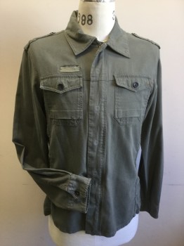 GUESS, Sage Green, Cotton, Solid, Collar Attached, Hidden Zipper & Snap Front Closure, Epaulets, 2 Patch Pockets with Flaps