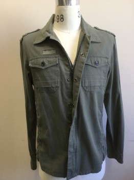 GUESS, Sage Green, Cotton, Solid, Collar Attached, Hidden Zipper & Snap Front Closure, Epaulets, 2 Patch Pockets with Flaps