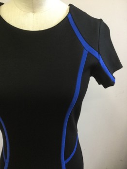 FELICITY & COCO, Black, Blue, Viscose, Polyester, Color Blocking, Round Neck,  Center Back Zipper From Hem to Neck, Knit,