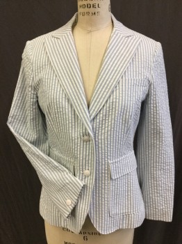 RAG & BONE, White, Lt Blue, Cotton, Stripes, Sear sucker, , 2 Button Single Breasted, Peaked Lapel, 2 Pockets with Flaps