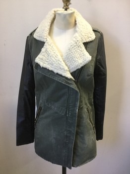 N/L, Dk Olive Grn, Black, Cream, Polyester, Solid, Olive with Black Leather Long Sleeves, Off Center Zip Front, 2 Zip Pockets, Collar Attached, Cream Fleece Lining, Epaulets, Tab Seam at Waist, Back Top Sunburst Seams