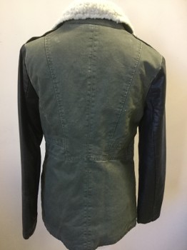 N/L, Dk Olive Grn, Black, Cream, Polyester, Solid, Olive with Black Leather Long Sleeves, Off Center Zip Front, 2 Zip Pockets, Collar Attached, Cream Fleece Lining, Epaulets, Tab Seam at Waist, Back Top Sunburst Seams