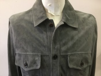 TOM FORD, Gray, Suede, Solid, Shirt Style, Button Front, Collar Attached, Long Sleeves, Pocket Flaps
