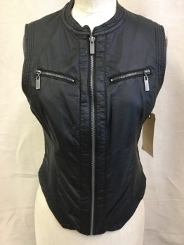 Womens, Leather Vest, BEBE, Black, Black, Leather, Poly/Cotton, Solid, S, Black with Black Lining, Quilt Stand Collar Attached & Arm Holes, Zip Front, Fitting, 2 Pockets with Zippers