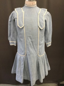 Childrens, Dress 1890s-1910s, MTO, Blue, White, Cotton, Gingham, W:29, C:28, Stand Up Collar with White Ribbon Trim, Epaulette Design, White Ribbon Trim Down Drop Waist, Pleated Skirt, Short Sleeves, Hook and Eye Back