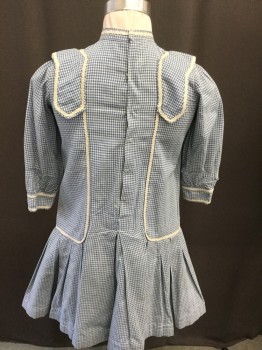 Childrens, Dress 1890s-1910s, MTO, Blue, White, Cotton, Gingham, W:29, C:28, Stand Up Collar with White Ribbon Trim, Epaulette Design, White Ribbon Trim Down Drop Waist, Pleated Skirt, Short Sleeves, Hook and Eye Back