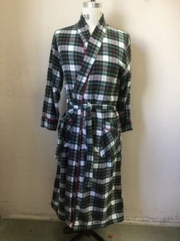 CHARTER CLUB, Dk Green, White, Red, Black, Cotton, Plaid, Long Sleeves, Shawl Collar, 2 Pockets, Red Rope Trim, Belt Loops, with Belt
