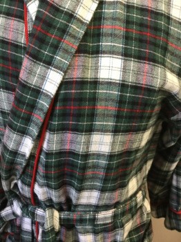 CHARTER CLUB, Dk Green, White, Red, Black, Cotton, Plaid, Long Sleeves, Shawl Collar, 2 Pockets, Red Rope Trim, Belt Loops, with Belt