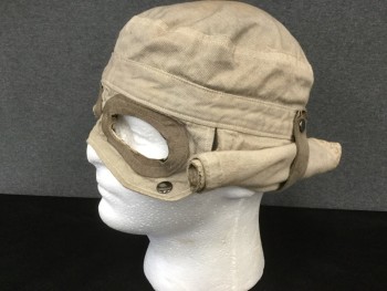 Unisex, Sci-Fi/Fantasy Headpiece, MTO, Tan Brown, Brown, Cotton, Suede, O/S, Cotton Cap with Suede Details, Eye Flap with Suede Trim Around Eyes, Snaps to Large Side Flaps, Suede Straps for Rolling Up Side Flaps, Aged