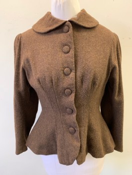 Womens, Jacket 1890s-1910s, N/L MTO, Brown, Black, Wool, Herringbone, Tweed, W:32, B:38, Thick Wool, 6 Self Fabric Buttons, Peter Pan Collar, Puffy Sleeves Gathered at Shoulders, Made To Order