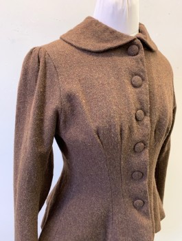 Womens, Jacket 1890s-1910s, N/L MTO, Brown, Black, Wool, Herringbone, Tweed, W:32, B:38, Thick Wool, 6 Self Fabric Buttons, Peter Pan Collar, Puffy Sleeves Gathered at Shoulders, Made To Order