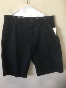 VOLCOM, Navy Blue, Polyester, Cotton, Solid, Twill, Zip Fly, 4 Pockets, Belt Loops, 10.5" Inseam