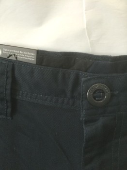 VOLCOM, Navy Blue, Polyester, Cotton, Solid, Twill, Zip Fly, 4 Pockets, Belt Loops, 10.5" Inseam