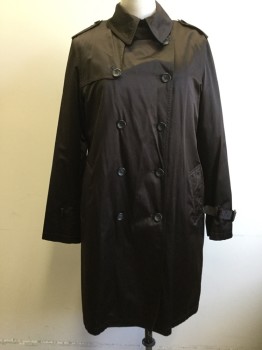 DANA BUCHMAN, Dk Brown, Cotton, Polyester, Solid, Satin, Double Breasted, Collar Attached, Detachable Storm Flap, Epaulets, 2 Pockets, Belted Cuffs ****missing One Belt****, Belt Loops ***missing Belt***Flap Back, Fleece Zip Detachable Lining **Barcode Inside Right Sleeve on Main Coat***