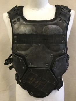 Unisex, Sci-Fi/Fantasy Vest, MTO, Black, Synthetic, Nylon, O/S, Faux Metal Breast And Back Plates, 3 Adjustable Side Straps, Adjustable Should Buckles,  Metal Grommets (*missing Buckle in the Back)