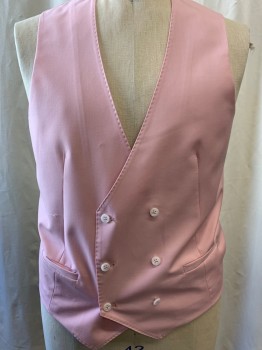 ROSSI MAN, Baby Pink, Polyester, Rayon, Solid, V-neck, Double Breasted, 6 Buttons, 2 Pockets, White Back, Belted Back