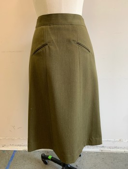 N/L, Olive Green, Wool, Solid, WWII WAC Uniform Skirt, Knee Length, Straight Fit, 1.5" Wide Self Waistband, 2 Slanted Welt Pockets at Front, Made To Order Reproduction, Doubles, 1940s