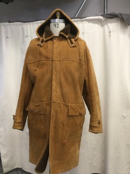 Mens, Coat, Leather, SULKA, Clay Orange, Shearling, Solid, 42, Clay Leather Exterior and Dark Brown Shearling Lining, Collar Attached, Single Breasted, Front Yoke Panel, C/F Zipper, Long Sleeves, 2 Front Patch Pockets with Flap & Button, Detachable Hood, One Epaulet with Button on Each Cuff, Welted Seam Details Front and Back. C/B Kick Pleat, Stadium Jacket Length  **Black Dots on Right Front Yoke**