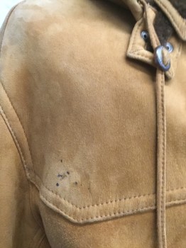 Mens, Coat, Leather, SULKA, Clay Orange, Shearling, Solid, 42, Clay Leather Exterior and Dark Brown Shearling Lining, Collar Attached, Single Breasted, Front Yoke Panel, C/F Zipper, Long Sleeves, 2 Front Patch Pockets with Flap & Button, Detachable Hood, One Epaulet with Button on Each Cuff, Welted Seam Details Front and Back. C/B Kick Pleat, Stadium Jacket Length  **Black Dots on Right Front Yoke**