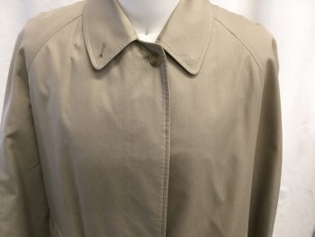 BURBERRY'S, Tan Brown, Cotton, Polyester, Solid, Flat Front, 2 Pockets with Tan Buttons , 1 Back Vent , Invisible Front Buttons, Cuff Epaulets