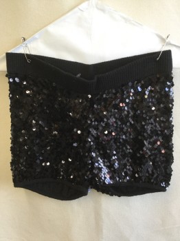 FOX 01, Black, Polyester, Solid, Clubbing, Short Shorts, 1.5" Ribbed Knit Black Elastic Waist Band, Black Sequins with Solid Black Trim