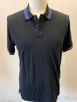 PAUL SMITH, Black, Navy Blue, Royal Blue, Teal Green, Rust Orange, Cotton, Solid, Stripes - Horizontal , Solid Black Cotton Pique, Tealgreen Navy Rust & Royal Blue Striped Collar & Cuffs, Short Sleeves, Pullover,