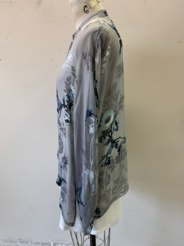 Womens, Blouse, CITRON, Lt Gray, Black, Lt Blue, Navy Blue, Silk, Floral, M, Long Sleeves, Button Front, Mandarin/Nehru Collar, Modified Kimono Sleeve, White Blouse Poking Out at the Bottom,