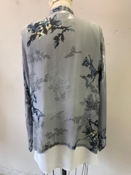 Womens, Blouse, CITRON, Lt Gray, Black, Lt Blue, Navy Blue, Silk, Floral, M, Long Sleeves, Button Front, Mandarin/Nehru Collar, Modified Kimono Sleeve, White Blouse Poking Out at the Bottom,