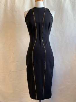 Womens, Cocktail Dress, MTO, Black, Cotton, Spandex, Solid, W 26, B 32, Gold Curved Inset Panels, Sleeveless, Zip Back, Horizontal Stitched Waistband, Hem Below Knee