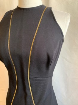 Womens, Cocktail Dress, MTO, Black, Cotton, Spandex, Solid, W 26, B 32, Gold Curved Inset Panels, Sleeveless, Zip Back, Horizontal Stitched Waistband, Hem Below Knee
