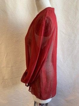 DEREK LAM, Dk Red, Silk, Solid, Pull On, Chiffon, Round Neck Slit Center Front, Long Raglan Sleeves Gathered at Wrists with Long Tie Closure