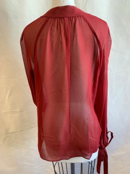 DEREK LAM, Dk Red, Silk, Solid, Pull On, Chiffon, Round Neck Slit Center Front, Long Raglan Sleeves Gathered at Wrists with Long Tie Closure