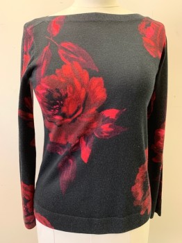 TALBOTS, Black, Red, Wool, Floral, Boat Neckline, Pullover, Long Sleeves, Rib Knit Neck, Waist, & Cuffs