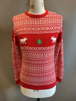 Childrens, Sweater, SKEDOUCHE, Red, White, Green, Acrylic, Holiday, Abstract , XL, Christmas Sweater, Knit, Pullover, Crew Neck, Long Sleeves, Green Christmas Trees & White Reindeer Pattern