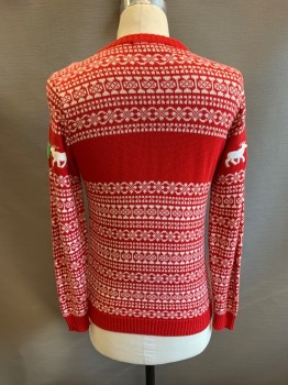 SKEDOUCHE, Red, White, Green, Acrylic, Holiday, Abstract , Christmas Sweater, Knit, Pullover, Crew Neck, Long Sleeves, Green Christmas Trees & White Reindeer Pattern