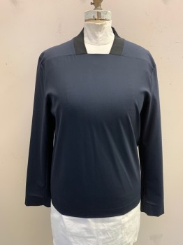 COS, Midnight Blue, Wool, Polyester, Solid, Squared Off V-neck, Black Ribbed Knit Neck, Yoke, Long Sleeves, Snap Plackets at Sleeve Hem