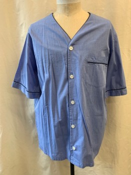ROCHESTER, Lt Blue, White, Cotton, Heathered, V-neck, Button Front, Short Sleeves, Navy Piping Trim