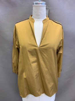 ZARA, Ochre Brown-Yellow, Wool, Polyester, Solid, Band Collar, V-neck, 3/4 Sleeve, Elastic Cuff, Black Open Lace Shoulder Detail *Barcode at Bottom of Placket*