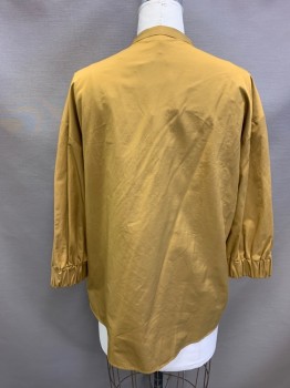 ZARA, Ochre Brown-Yellow, Wool, Polyester, Solid, Band Collar, V-neck, 3/4 Sleeve, Elastic Cuff, Black Open Lace Shoulder Detail *Barcode at Bottom of Placket*