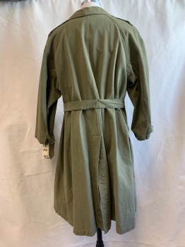 Mens, Coat, NL, Olive Green, Cotton, Solid, CH 50, Button Front, Collar Attached, Epaulets, Self Tie Belt,