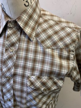 Mens, Western, WRANGLER, Lt Brown, White, Dk Brown, Teal Blue, Cotton, Plaid, N15.5, S/S, Snap Front, Patch Pockets with Flaps and Snaps, Pearl Snaps
