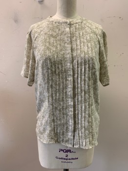 H&M, Lt Beige, White, Polyester, Floral, Round Neck, Button Front, S/S, Pleated Front,