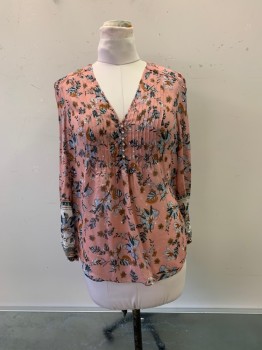 VERONICA BEARD, Salmon Pink, Multi-color, Silk, Floral, V-N, L/S, 6 Silver Buttons Down Front, Silver and Rose Gold Tinsel, Light Blue, Rust, Green Floral Print