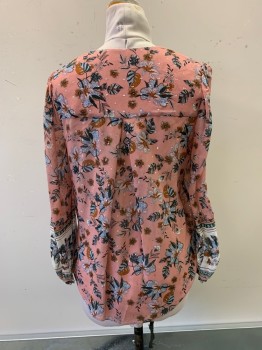 VERONICA BEARD, Salmon Pink, Multi-color, Silk, Floral, V-N, L/S, 6 Silver Buttons Down Front, Silver and Rose Gold Tinsel, Light Blue, Rust, Green Floral Print