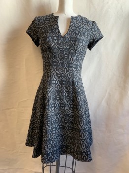 Womens, Dress, Short Sleeve, NANETTE LEPORE, Black, Charcoal Gray, Taupe, Gray, Blue-Gray, Polyester, Acrylic, Abstract , 2, Abstract Square Pattern, V-neck, Yoke, Cap Sleeve, Gored Skirt, Back Zip