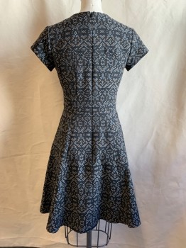 Womens, Dress, Short Sleeve, NANETTE LEPORE, Black, Charcoal Gray, Taupe, Gray, Blue-Gray, Polyester, Acrylic, Abstract , 2, Abstract Square Pattern, V-neck, Yoke, Cap Sleeve, Gored Skirt, Back Zip