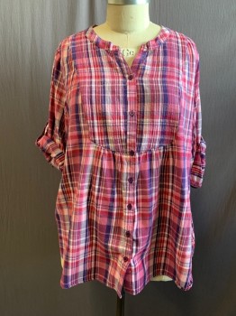 ERIKA, Fuchsia Pink, Pink, Purple, Cotton, Synthetic, Plaid, Button Front, Band Collar, Stitch Striped Bib, Gathered Under Bib, Long Sleeves with Button Tab for Sleeve Roll Up
